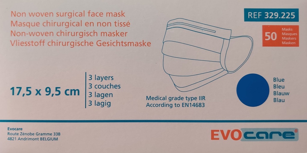 Masques Chirurgicaux Bleus Type 2R EVOCARE (50p.)