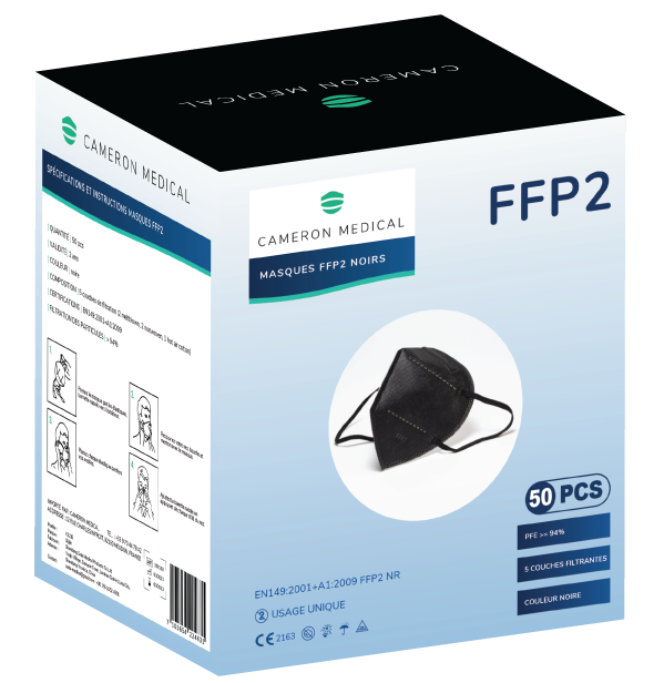 Masques FFP2 Noirs - CAMERON MEDICAL - emballés par 5 (50p.)