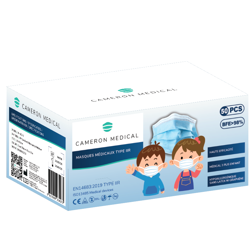 Masques Chirurgicaux Enfants Bleus Type 2R CAMERON MEDICAL (50p.)