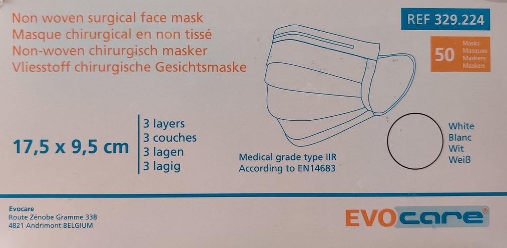 Masques Chirurgicaux Blancs Type 2R EVOCARE (50p.)