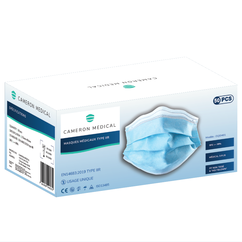 Masques Chirurgicaux Bleus Type 2R - CAMERON MEDICAL (50p.)