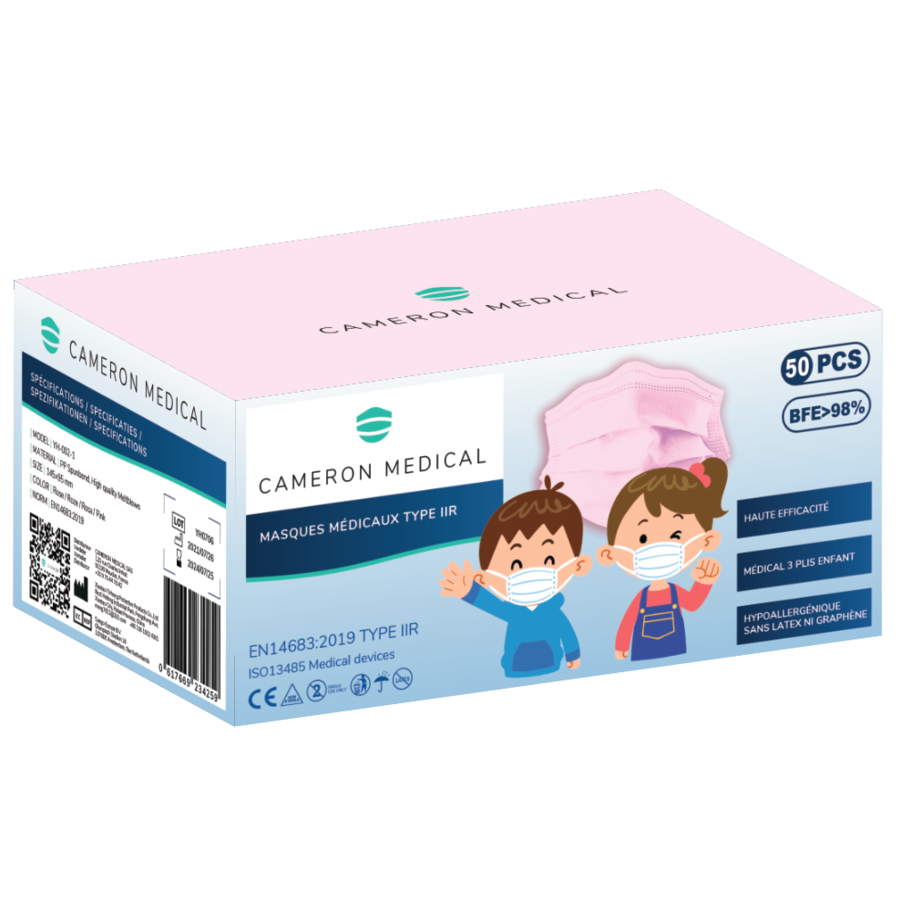 Masques Chirurgicaux Enfants Roses Type 2R CAMERON MEDICAL (50p.)