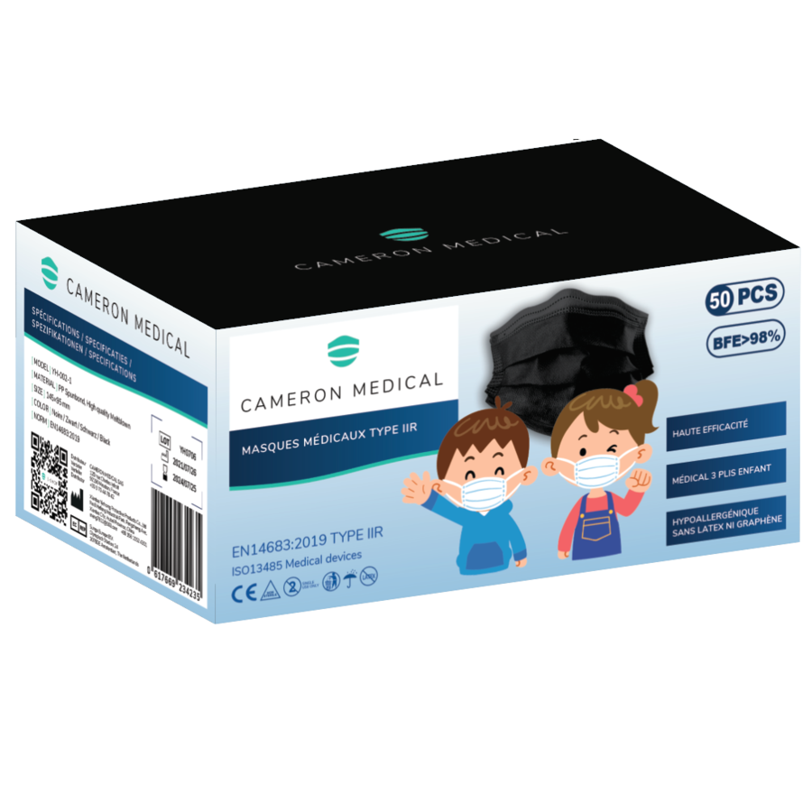 Masques Chirurgicaux Enfants Noirs Type 2R CAMERON MEDICAL (50p.)