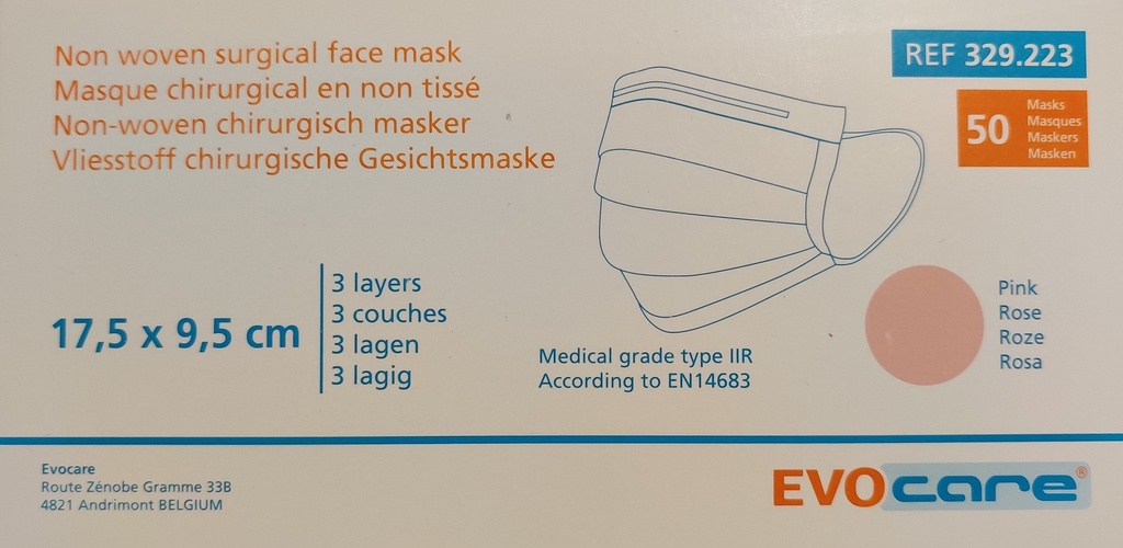 Masques Chirurgicaux Roses Type 2R EVOCARE (50p.)