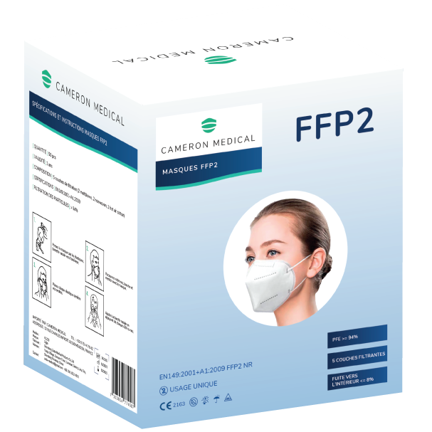 Masques FFP2 Blancs - CAMERON MEDICAL - emballés par 5 (50p.)