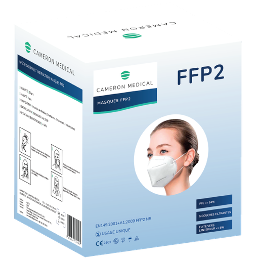 [P2/CAM/BLA/50/5] Masques FFP2 Blancs - CAMERON MEDICAL - emballés par 5 (50p.)